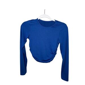 SHEIN Royal Blue Ruched Side Long Sleeve Crop Top Crew Neck Small